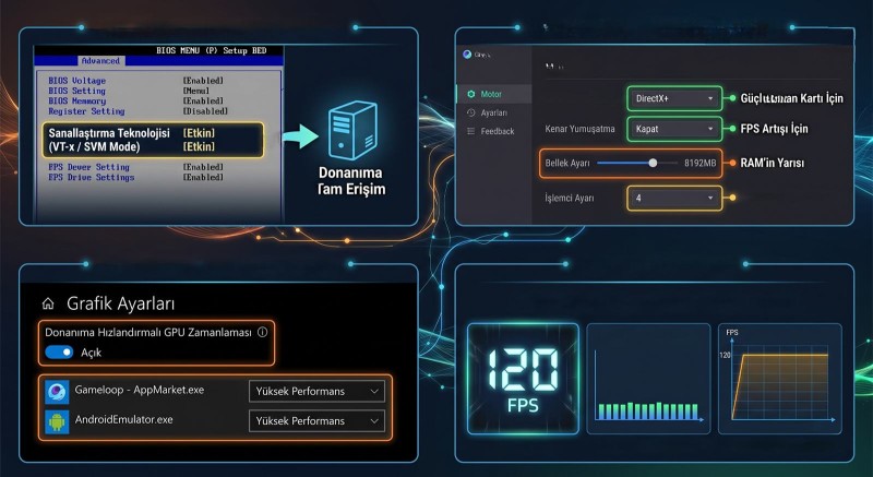 Gameloop 120 FPS Sabitleme ve Kasmama Ayarları: Sanallaştırma (VT) ve Motor Optimizasyonu