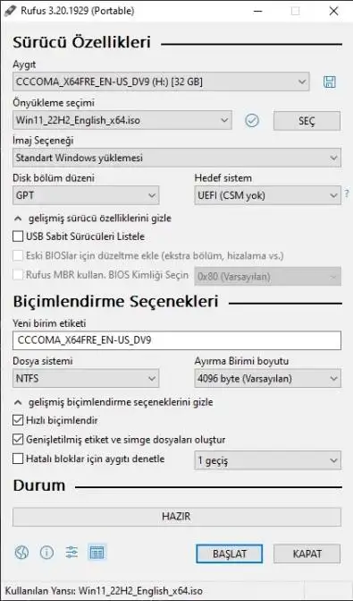 Rufus ile Windows 11 Format USB Hazırlama GPT ve UEFI Ayarları