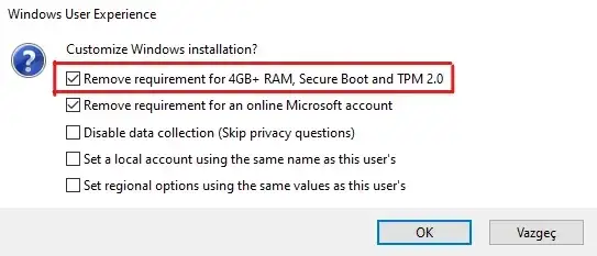 Rufus TPM 2.0 Secure Boot ve RAM Gereksinimlerini Kaldırma Penceresi