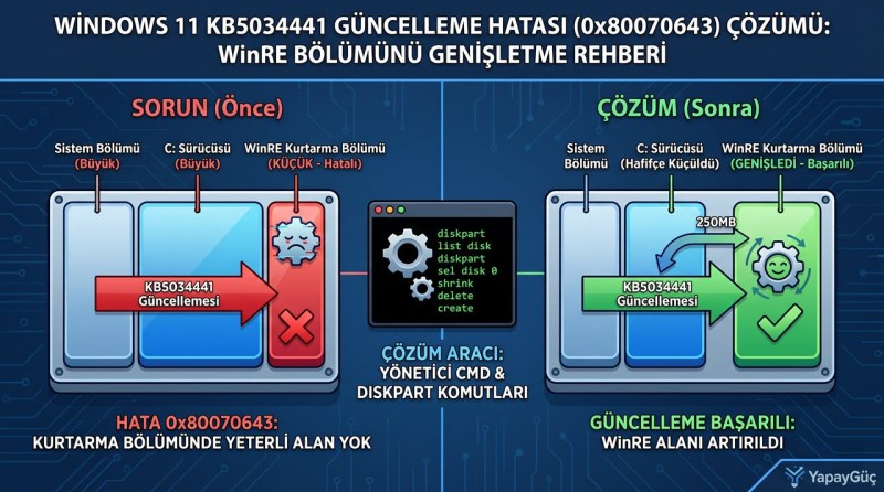 Windows 11 KB5034441 Güncelleme Hatası (0x80070643) Kesin Çözümü: CMD ile Kurtarma Bölümü Genişletme
