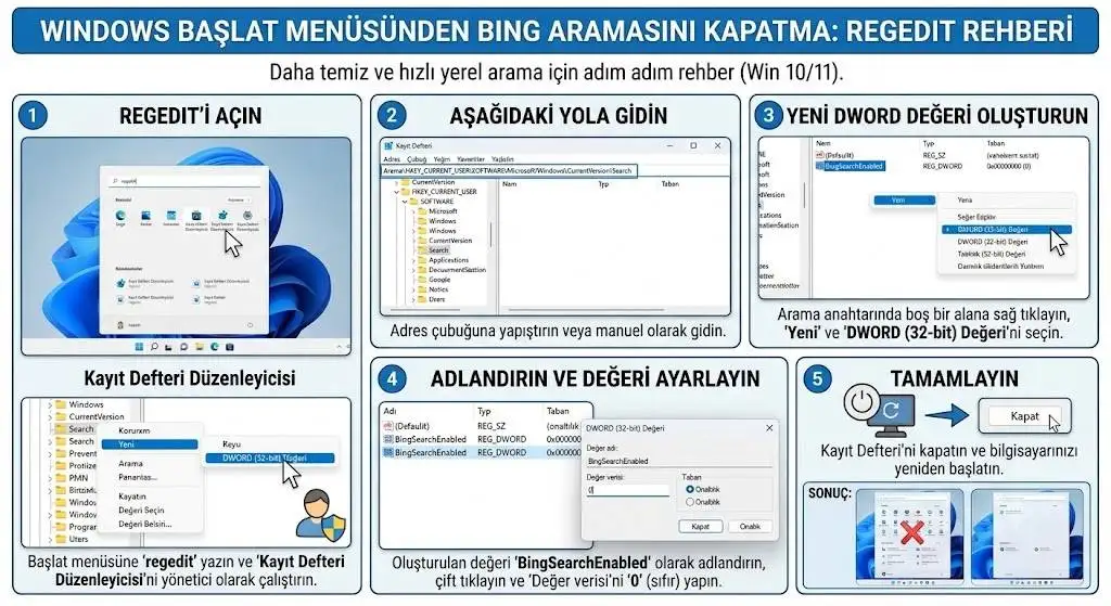 Windows Başlat Menüsünde Bing Araması Açma